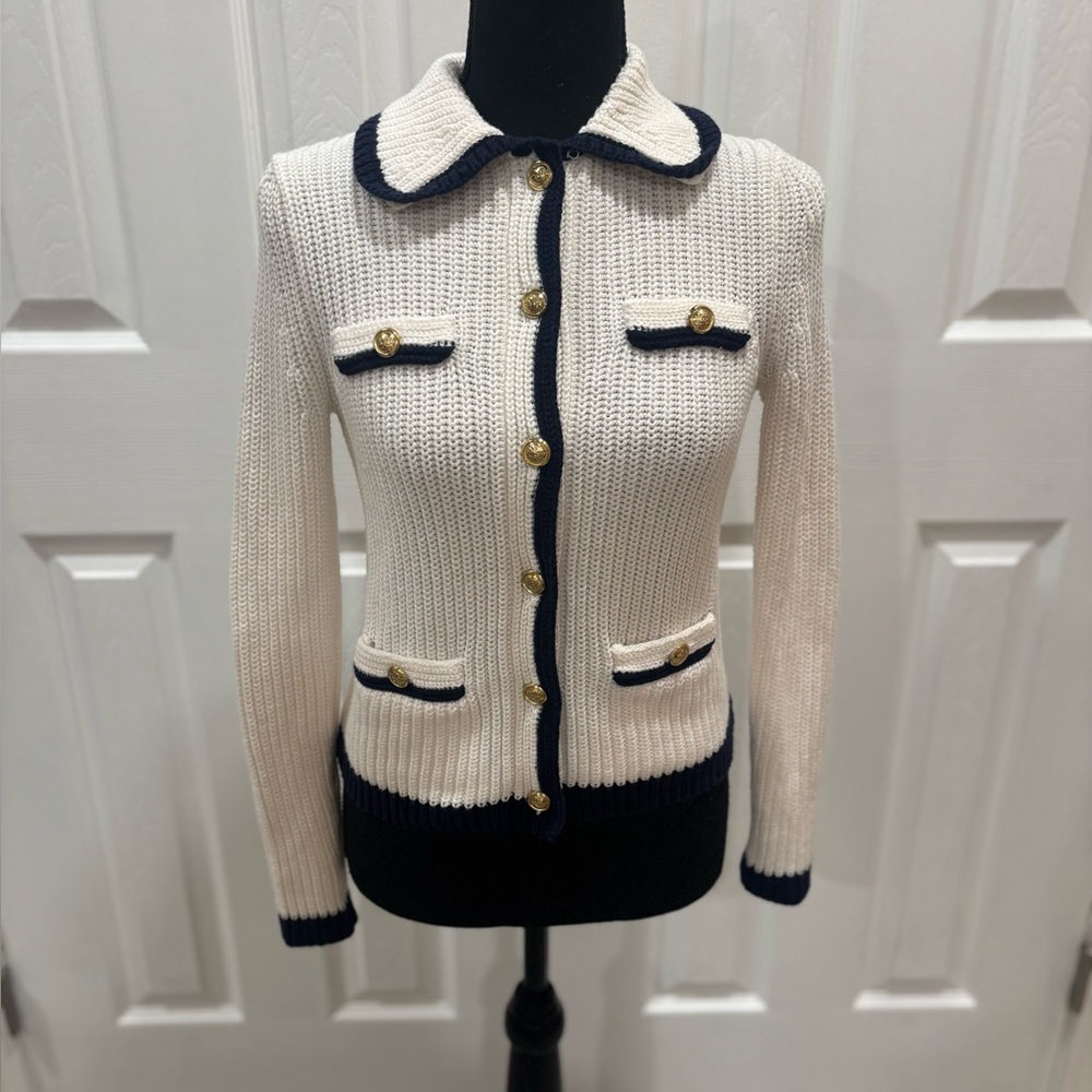 LOFT Women's Tipped cardigan sweater Navy blue & White size XS